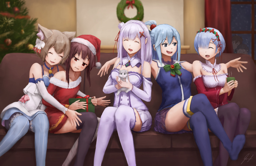 4boys, 4girls, :i, absurdres, aqua_(konosuba), blue_eyes, blue_hair, brown_hair, christmas_tree, couch, emilia_(re:zero), felix_argyle, gift, hair_ornament, hair_ribbon, highres, hot_chocolate, hug, isaac_liew, kono_subarashii_sekai_ni_shukufuku_wo!, leggings, megumin, multiple_boys, multiple_girls, natsuki_subaru, pantyhose, puck_(re:zero), re:zero_kara_hajimeru_isekai_seikatsu, red_eyes, rem_(re:zero), ribbon, satou_kazuma, smile, snow, thigh-highs, trap, white_hair, wreath, zettai_ryouiki