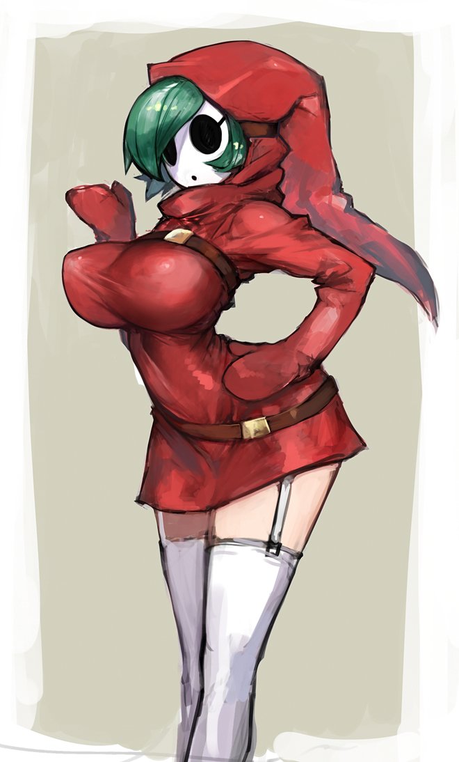 1girl, belt, breasts, dress, eye_socket, female, garter_straps, genderswap