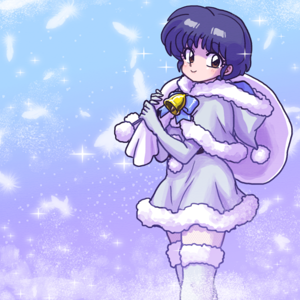 1girl, aqua_dress, aqua_santa_costume, bag, bangs, bell, blue_bow, blue_hair, boots, bow, brown_eyes, capelet, carrying, closed_mouth, cowboy_shot, dress, elbow_gloves, gloves, hat, hooded, jingle_bell, looking_at_viewer, oversized_object, ranma_1/2, santa_hat, short_hair, smile, solo, sparkle, standing, tendou_akane, thigh-highs, thigh_boots, wantan-orz, white_boots, white_gloves