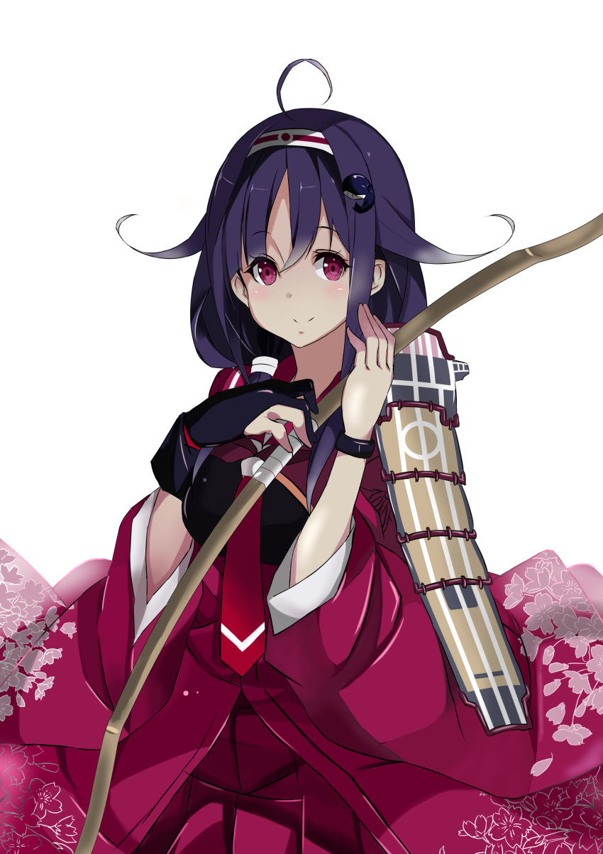 1girl, absurdres, ahoge, archery, black_gloves, blush, bow, breasts, dengeki_hobby, flight_deck, floral_print, gloves, hair_flaps, hair_ornament, headband, highres, japanese_clothes, kantai_collection, kimono, kujou_ichiso, kyuudou, large_breasts, long_hair, looking_to_the_side, low_twintails, muneate, necktie, official_art, pink_eyes, pink_kimono, pink_skirt, purple_hair, red_necktie, ringed_eyes, ryuuhou_(kantai_collection), simple_background, skirt, smile, solo, taigei_(kantai_collection), twintails, whale, whale_hair_ornament, white_background, yugake