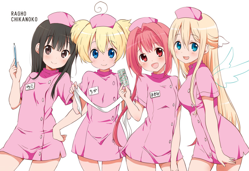 4girls, :d, ahoge, amatsuka_poi, angel, angel_wings, artist_name, bandage