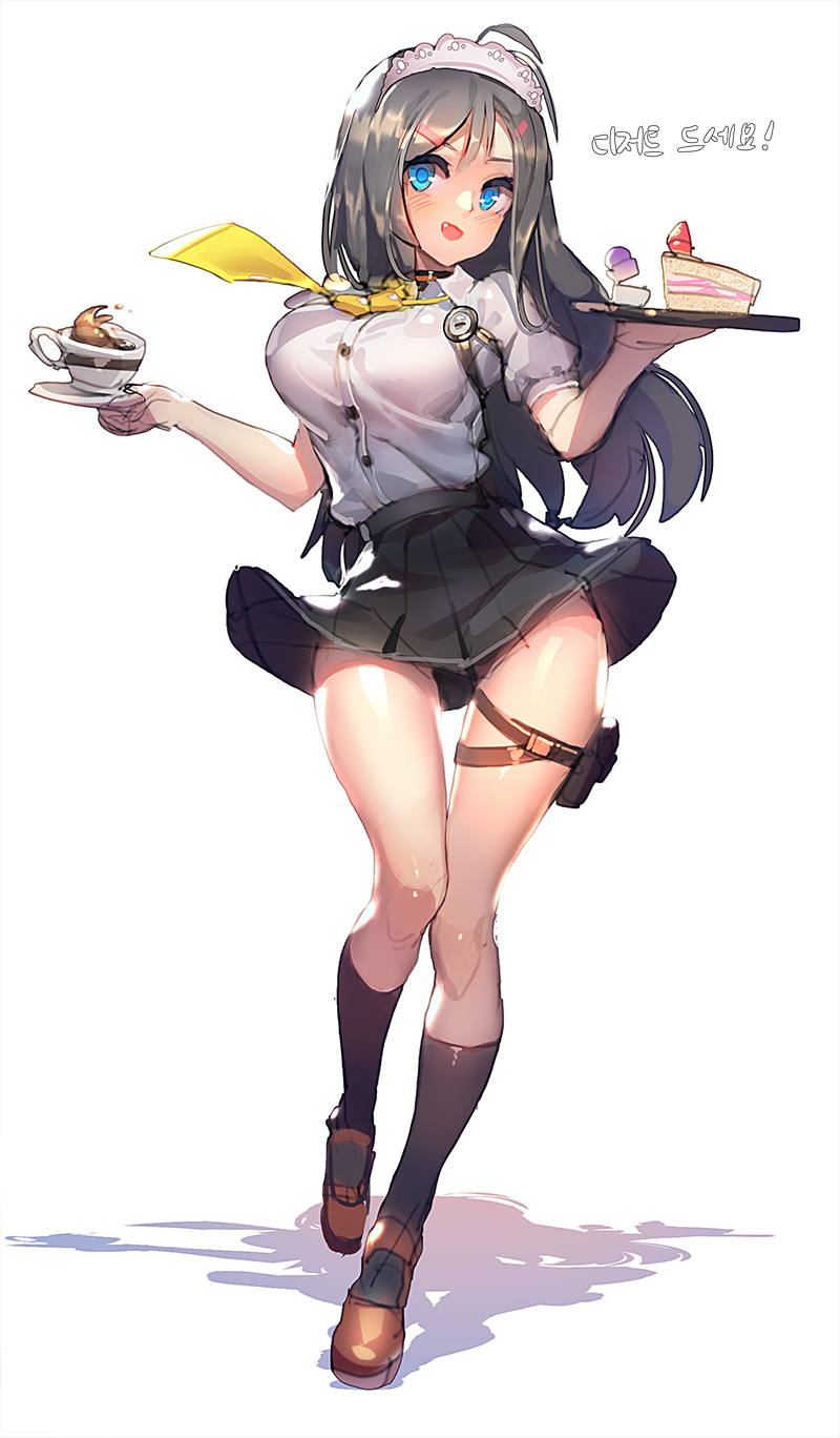 1girl, black_skirt, blue_eyes, blush, bouncing_breasts, breasts, closers, coffee