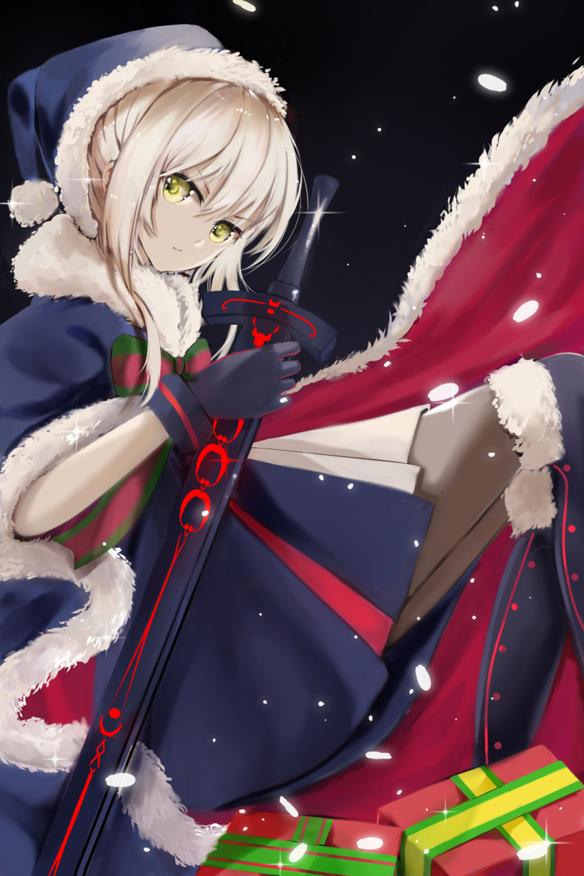 1girl, blonde_hair, blue_boots, blue_gloves, blue_hat, blue_santa_costume, boots, bow