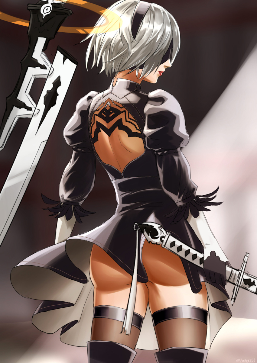 1girl, ass, back_opening, black_dress, black_gloves, black_legwear, blindfold, boots