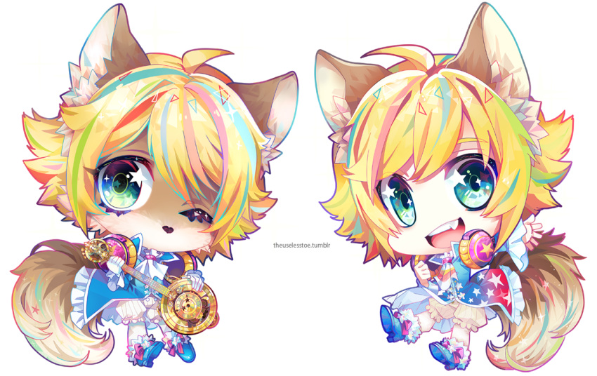 1boy, animal_ears, blonde_hair, blue_eyes, chibi, dual_persona, headphones, highlights
