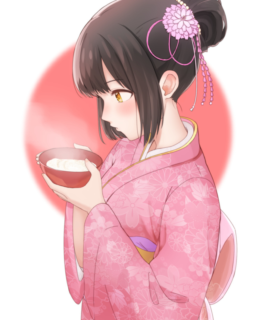 1girl, alcohol, alternate_costume, alternate_hairstyle, black_hair, blush, commentary_request, cup
