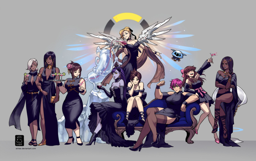 6+girls, alcohol, alternate_hairstyle, ana_(overwatch), black_dress, black_hair, blonde_hair, bottle, breasts, china_dress, chinese_clothes, cleavage, cup, d.va_(overwatch), dark_skin, dress, drinking_glass, ein_lee, ice_sculpture, mechanical_wings, mei_(overwatch), mercy_(overwatch), mother_and_daughter, multiple_girls, overwatch, pharah_(overwatch), purple_skin, sitting, smile, symmetra_(overwatch), thigh-highs, tracer_(overwatch), widowmaker_(overwatch), wine, wine_glass, wings, zarya_(overwatch)