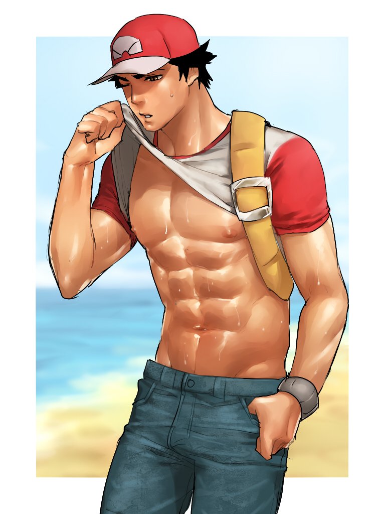 1boy, backpack, bag, bara, baseball_cap, beach, bitaro, black_hair