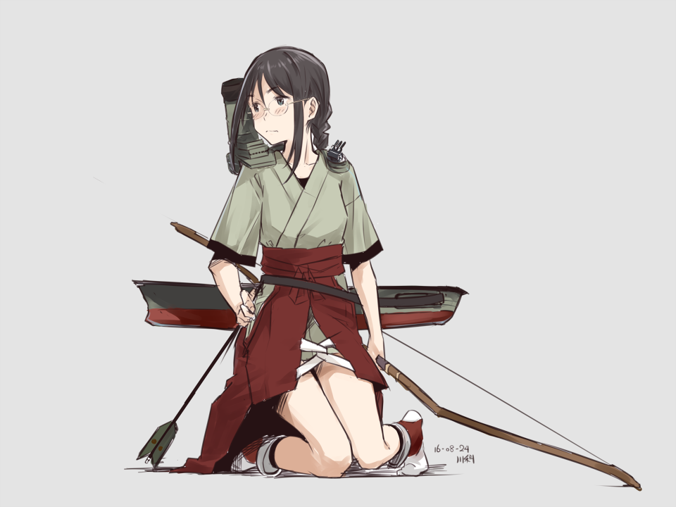 1girl, arrow, black_eyes, black_hair, blush, bow_(weapon), braid, dated