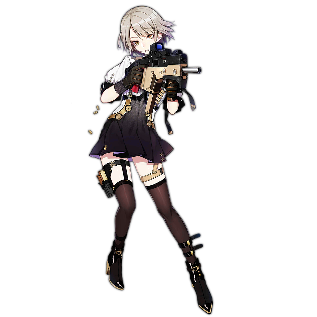 1girl, artist_request, brown_hair, eotech, full_body, girls_frontline, gloves, gun, high_heels, holding, holding_weapon, holster, looking_at_viewer, magazine_(weapon), official_art, short_hair, silver_hair, skirt, solo, submachine_gun, tdi_vector, tdi_vector_(girls_frontline), thigh-highs, thigh_holster, thigh_strap, transparent_background, trigger_discipline, weapon