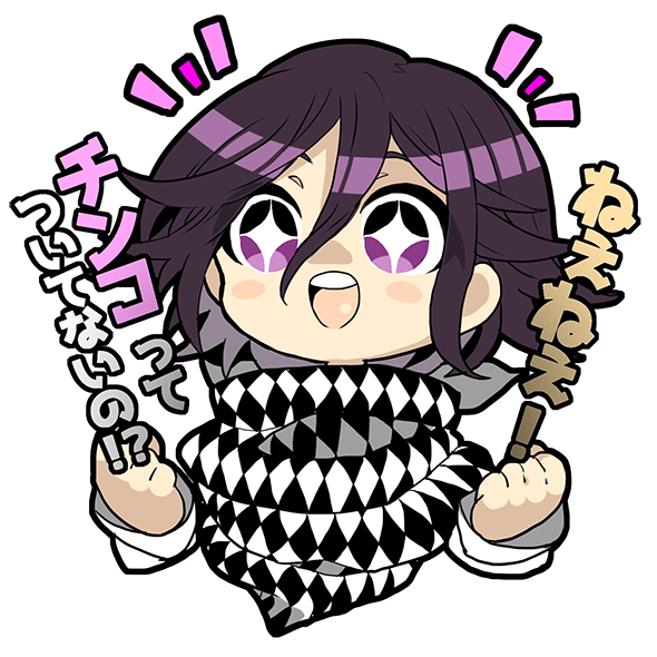 1boy, blush_stickers, checkered_scarf, clenched_hand, dangan_ronpa, new_dangan_ronpa_v3, ouma_kokichi, purple_hair