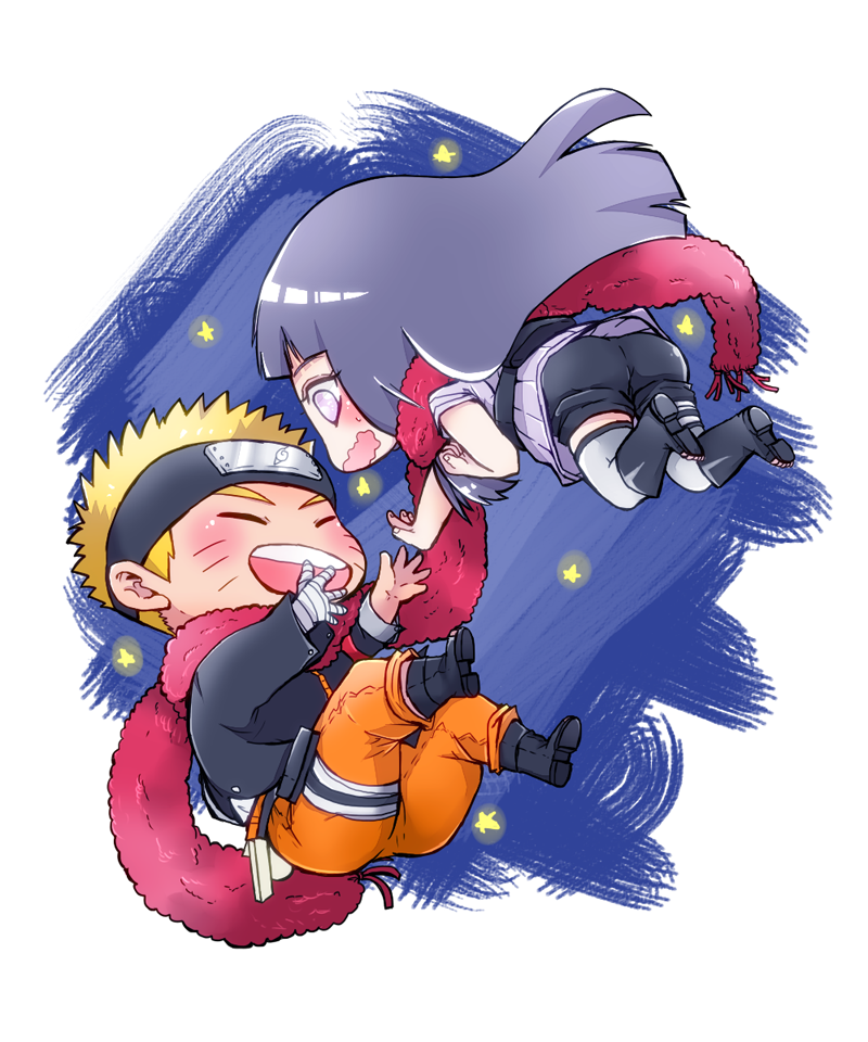 1boy, 1girl, blonde_hair, blush, chibi, closed_eyes, forehead_protector, hyuuga_hinata, lavender_eyes, long_hair, looking_at_another, naruto, naruto:_the_last, open_mouth, oretto_(ring), scarf, shared_scarf, smile, uzumaki_naruto, whisker_markings
