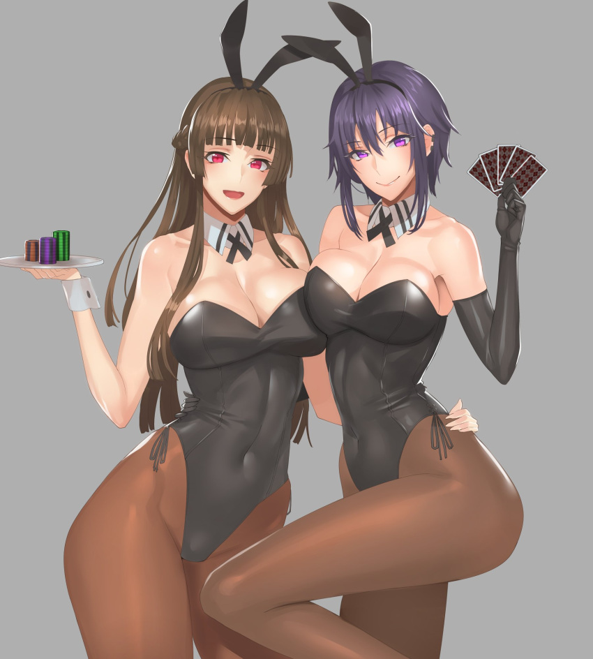 2girls, animal_ears, argyle, bangs, bare_shoulders, black_gloves, breast_press, breasts