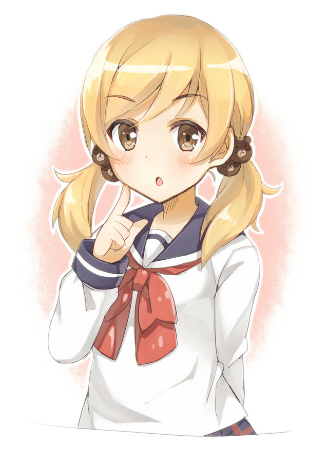 1girl, :o, aiza_nagi, arm_behind_back, bear_hair_ornament, blonde_hair, blush, brown_eyes, finger_to_face, hair_ornament, kohaku_(csacu), long_sleeves, looking_at_viewer, neckerchief, sailor_collar, school_uniform, serafuku, shigatsu_wa_kimi_no_uso, simple_background, solo, twintails, white_background