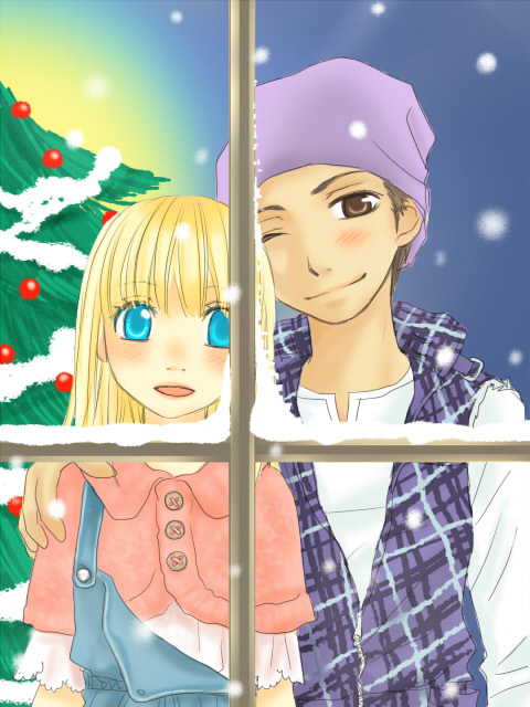 blue_eyes, blush, christmas, claire_(harvest_moon), dark_skin, female, harvest_moon, hat, kai_(harvest_moon), long_hair, male, short_hair, snow, window