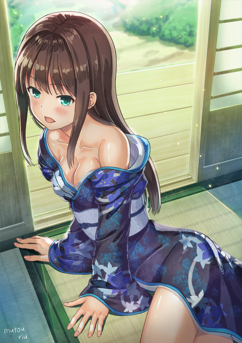 1girl, bare_shoulders, blush, breasts, brown_hair, earrings, green_eyes, idolmaster