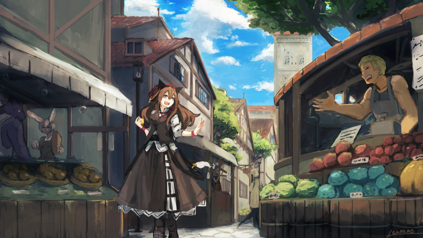 2boys, 2girls, animal_ears, apron, blonde_hair, blue_sky, boots, brown_eyes, brown_hair, brown_skirt, brown_vest, building, bunny_girl, bunny_paws, cabbage, closed_eyes, cobblestone, comic, fantasy, food, fruit, hand_up, holding, holding_food, kerchief, lamppost, lansane, long_hair, long_sleeves, mouse_ears, multiple_boys, multiple_girls, open_mouth, original, rabbit_ears, road, shadow, shirt, short_hair, sidelocks, sign, silent_comic, skirt, sky, sleeveless, sleeveless_shirt, sleeves_rolled_up, smile, stall, storefront, street, tower, tree, waving, white_shirt, window, wolf_ears, wristband