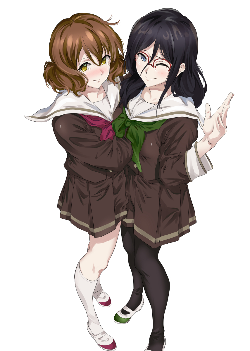 2girls, arm_hug, black_hair, black_legwear, blue_eyes, brown_hair, brown_serafuku, brown_skirt