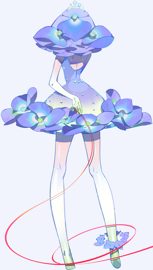 1girl, anklet, arm_behind_back, back, bare_arms, bare_legs, bare_shoulders, dress, flower, from_behind, full_body, green_skin, holding, hydrangea, jewelry, kneepits, lavender_background, multicolored_skin, original, petals, purple_dress, purple_hair, red_string, short_dress, short_hair, simple_background, solo, standing, string, take_(illustrator), tiara, white_skin