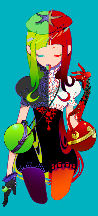 1girl, aqua_background, asymmetrical_legwear, bag, bangs, beret, black_gloves, blunt_bangs, closed_eyes, cowboy_shot, cropped_legs, diamond, elbow_gloves, eyelashes, food_in_mouth, food_themed_clothes, frilled_sleeves, frills, gem, gloves, green_hair, handbag, hat, jewelry, long_hair, mouth_hold, multicolored_hair, original, pantyhose, pearl, puffy_short_sleeves, puffy_sleeves, purple_legwear, red_gloves, red_legwear, redhead, ring, short_sleeves, simple_background, single_elbow_glove, solo, take_(illustrator), tomato, turtleneck, two-tone_hair, very_long_hair