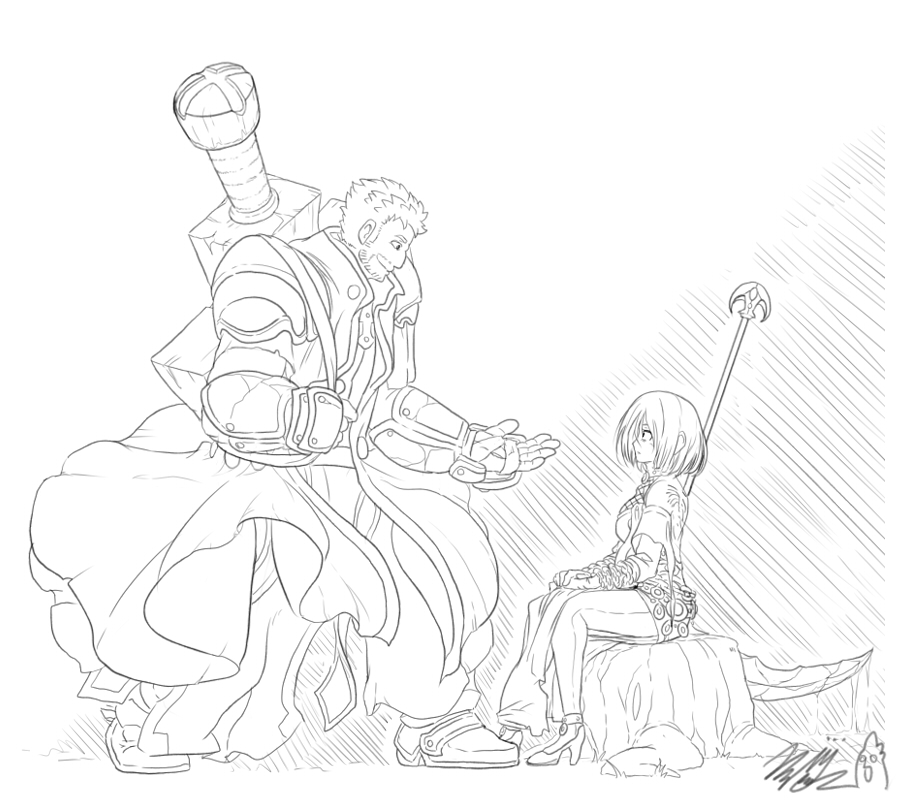 1boy, 1girl, bg_yowl, crusader_(dungeon_and_fighter), dungeon_and_fighter, female_priest_(dungeon_and_fighter), mistress_(dungeon_and_fighter), monochrome, plant, priest_(dungeon_and_fighter), tagme, white_background