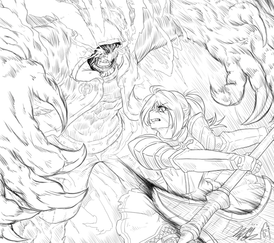 1boy, 1girl, avenger_(dungeon_and_fighter), bg_yowl, dungeon_and_fighter, female_priest_(dungeon_and_fighter), inquisitor_(dungeon_and_fighter), monochrome