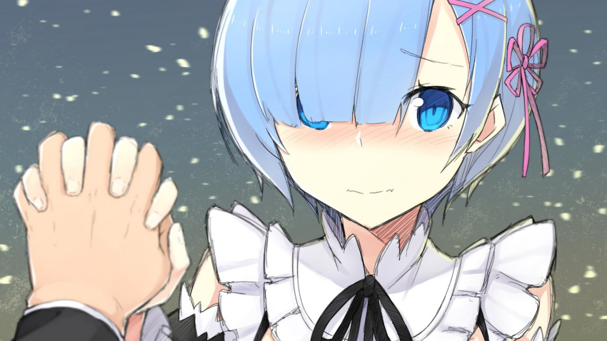 1boy, 1girl, bangs, black_ribbon, blue_eyes, blue_hair, blunt_bangs, blush
