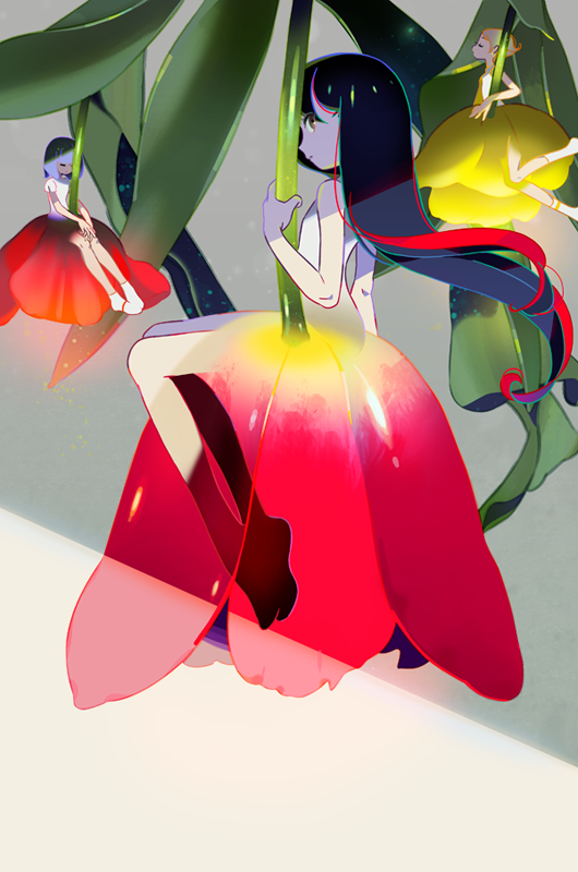 3girls, bare_arms, bare_legs, bare_shoulders, black_hair, brown_eyes, closed_eyes, floating_hair