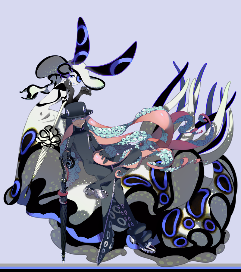 2girls, antennae, black_hat, bodysuit, empty_eyes, hat, lavender_background, lavender_eyes