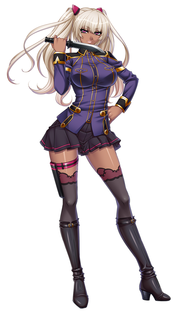 1girl, artist_request, black_legwear, blonde_hair, boots, character_name, dark_skin, detached_sleeves