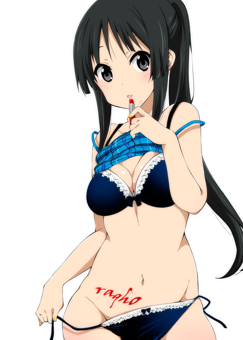 1girl, akiyama_mio, applying_makeup, artist_name, bangs, black_hair, blue_bow, blue_bra