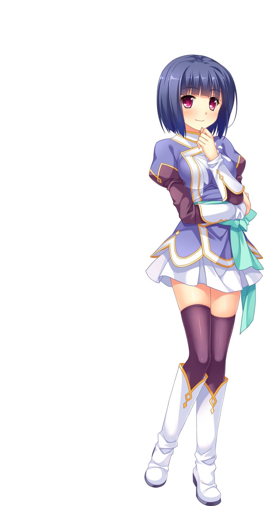 1girl, absurdres, artist_request, black_legwear, blue_hair, blush, boots, crossed_arms