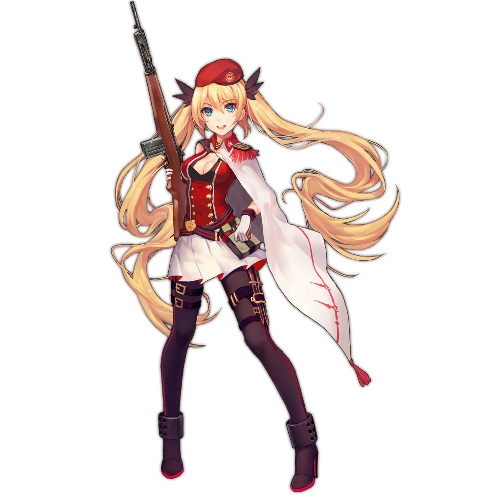 1girl, beret, beretta_bm_59, black_legwear, blonde_hair, blue_eyes, bm59_(girls_frontline), breasts