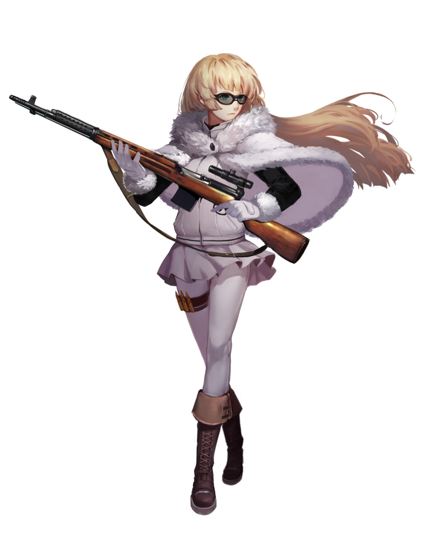 1girl, ammunition, blonde_hair, blue_eyes, boots, closed_mouth, coat, coat_lift, denim, eyebrows, full_body, fur-trimmed_coat, fur-trimmed_sleeves, girls_frontline, gloves, gun, hair_lift, highres, holding, holding_gun, holding_weapon, jacket, jeans, long_hair, looking_to_the_side, official_art, pants, personification, pleated_skirt, rifle, skirt, sniper_rifle, solo, sunglasses, svt-38, svt-38_(girls_frontline), track_jacket, transparent_background, trigger_discipline, very_long_hair, walking, weapon, white_gloves, white_jacket, white_skirt