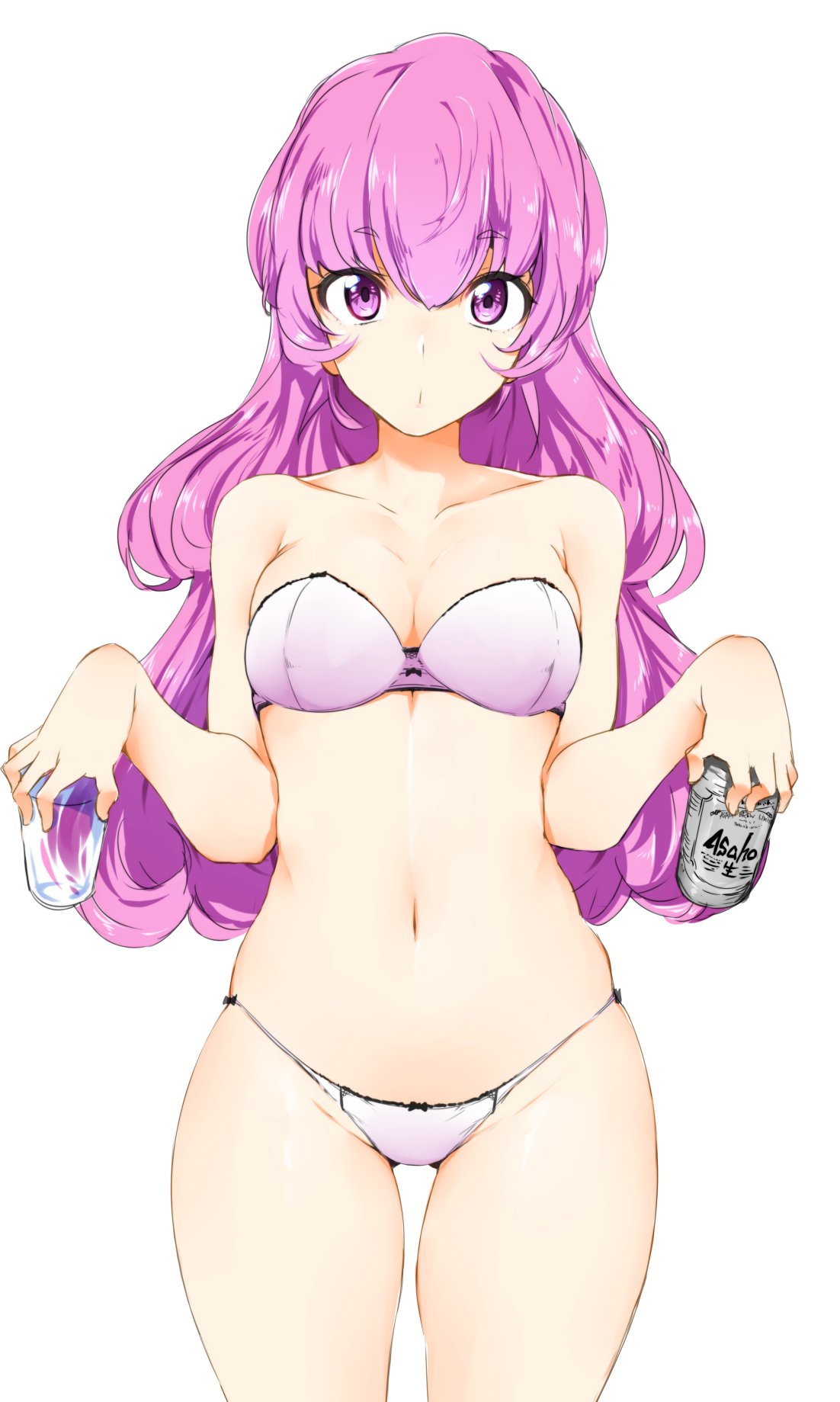 1girl, asahi_breweries, bangs, bare_shoulders, beer_can, bra, breasts, can