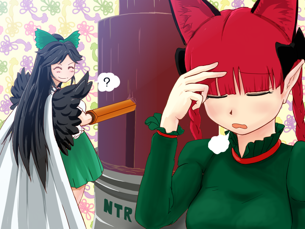 2girls, ?, animal_ears, arm_cannon, bird_wings, black_hair, black_wings, bow, braid, cape, cat_ears, chocolate_fountain, closed_eyes, cr4781, dress, extra_ears, female, green_dress, grin, hair_bow, hand_on_forehead, kaenbyou_rin, long_hair, multiple_girls, pocky_day, pointy_ears, redhead, reiuji_utsuho, sigh, skirt, smile, spoken_question_mark, touhou, twin_braids, upper_body, weapon, wings