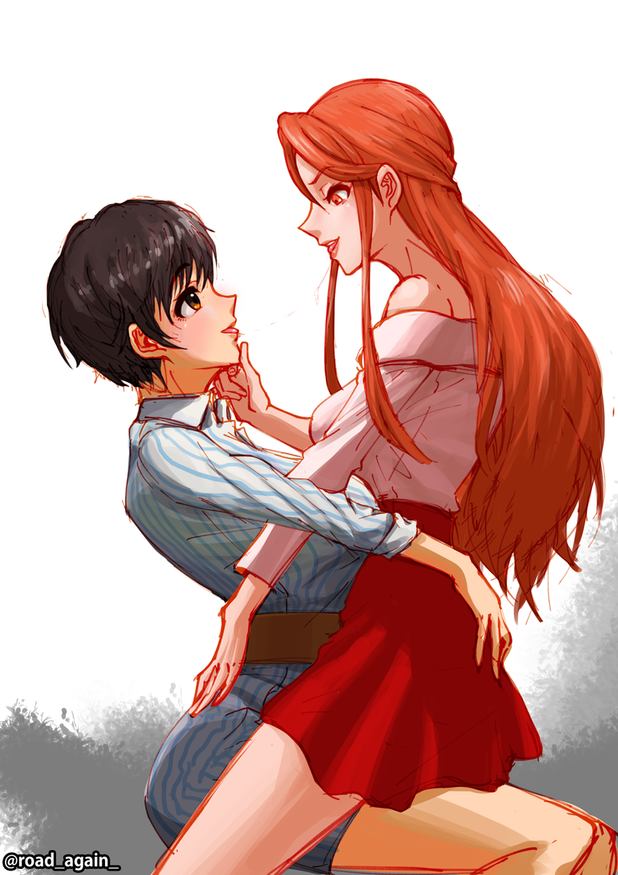 2girls, bare_shoulders, eye_contact, highres, idolmaster, idolmaster_cinderella_girls, lips, long_hair, looking_at_another, multiple_girls, oikawa_shizuku, orange_eyes, orange_hair, road_again, shirt, short_hair, skirt, straddling, striped, striped_shirt, twitter_username, upright_straddle, vertical_stripes, yuri, zaizen_tokiko