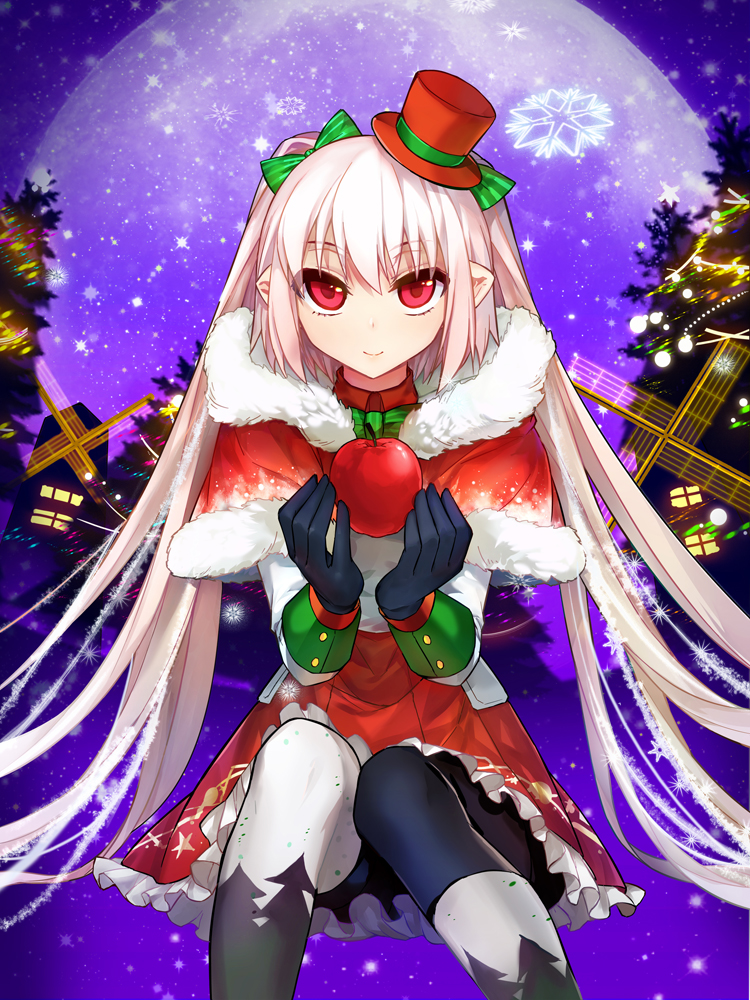 1girl, apple, bloodline, bow, christmas, dress, food, fruit
