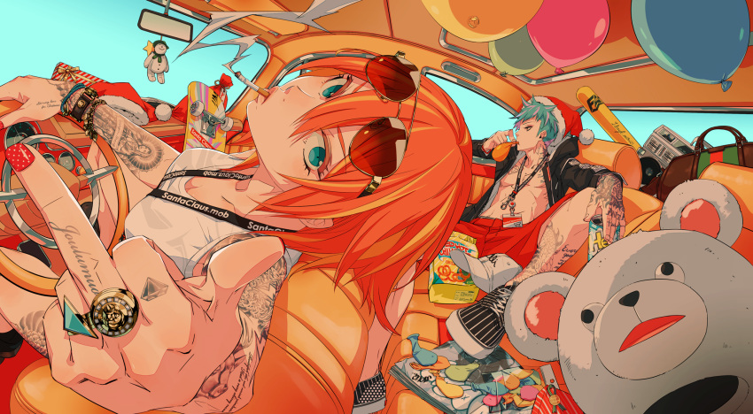 >:o, 1boy, 1girl, :o, aqua_eyes, arm_rest, arm_tattoo, bag, balloon, baseball_bat, baseball_cap, bear_head, belt, between_breasts, black_jacket, black_shoes, blowing, blue_eyes, blue_hair, body_writing, bodypaint, box, bracelet, breasts, briefs, brown_eyes, can, car, car_interior, cassette_player, chains, chest, christmas, cigarette, coin_(ornament), collarbone, commentary_request, cross, cross-laced_footwear, diamond_(symbol), dragon_tattoo, eyelashes, from_side, fur_trim, gift, gift_bag, gift_box, ground_vehicle, hair_between_eyes, hat, hat_removed, headwear_removed, highres, holding, holding_balloon, holding_can, jacket, jewelry, knee_up, leaning_back, leg_tattoo, lips, long_sleeves, looking_at_viewer, looking_away, magazine, medium_breasts, middle_finger, monq, motor_vehicle, mouth_hold, nail_polish, open_clothes, open_jacket, orange_hair, original, outstretched_arm, polka_dot, profile, red_nails, red_shorts, ring, santa_hat, shoes, short_hair, shorts, sitting, skateboard, sleeveless, smoke, smoking, snack, sneakers, soda_can, striped, stuffed_toy, sunglasses, sunglasses_on_head, tank_top, tattoo, triangle, underwear, watermark, web_address