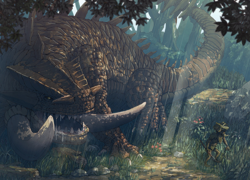 behemoth, commentary_request, dragon's_dogma, dragon's_dogma_online, earasensha, forest, goblin, nature, no_humans, open_mouth, polearm, saliva, spear, tree, tusks, weapon