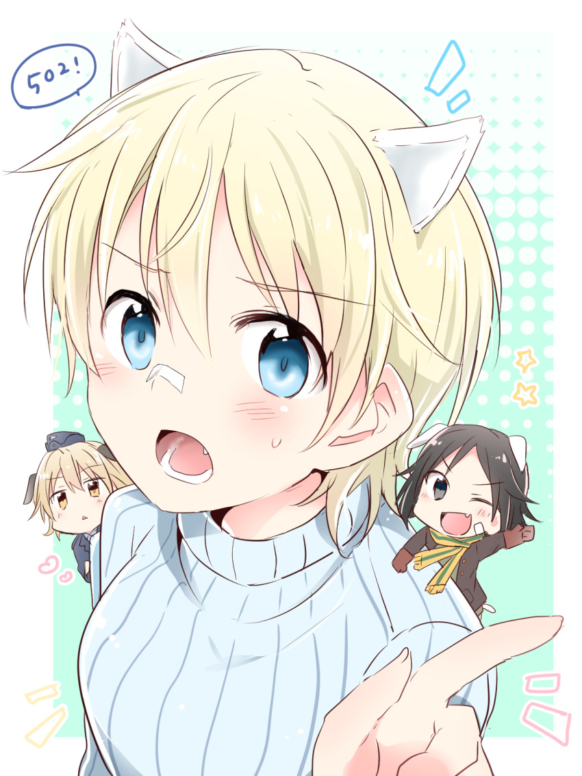 3girls, :<, :d, animal_ears, bandaid, bandaid_on_face, bandaid_on_nose, black_eyes, blonde_hair, blue_eyes, blush, brave_witches, chibi, commentary, dog_ears, ermine_ears, eyebrows_visible_through_hair, fang, gloves, hat, heart, highres, index_finger_raised, kanno_naoe, light_brown_hair, looking_at_viewer, military, military_uniform, multiple_girls, nikka_edvardine_katajainen, one_eye_closed, open_mouth, scarf, short_hair, smile, sweatdrop, sweater, uniform, waltrud_krupinski, world_witches_series, yasaka_shuu, yellow_eyes