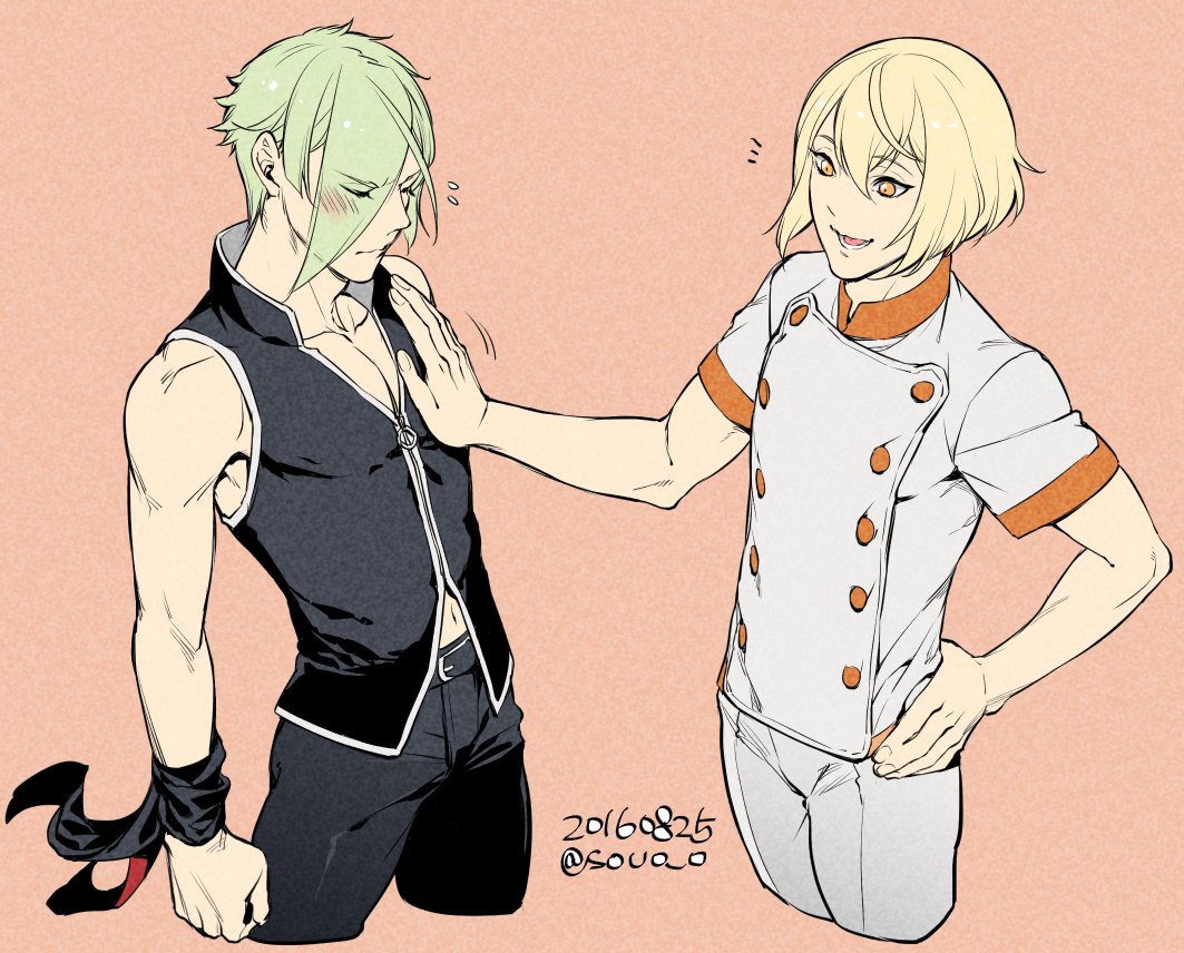 2016, 2boys, bare_shoulders, blonde_hair, blush, chef_uniform, clenched_hand, closed_eyes, collarbone, cosplay, dated, double-breasted, eyes_visible_through_hair, green_hair, hair_over_one_eye, hanae_natsuki, hand_on_hip, hand_on_shoulder, higekiri_(touken_ranbu), hizamaru_(touken_ranbu), kurokiba_ryou, kurokiba_ryou_(cosplay), midriff, midriff_peek, multiple_boys, navel, okamoto_nobuhiko, orange_eyes, pectorals, pink_background, seiyuu_connection, shokugeki_no_souma, short_sleeves, soul_(tamashii), takumi_aldini, takumi_aldini_(cosplay), touken_ranbu, twitter_username, yellow_eyes, zipper