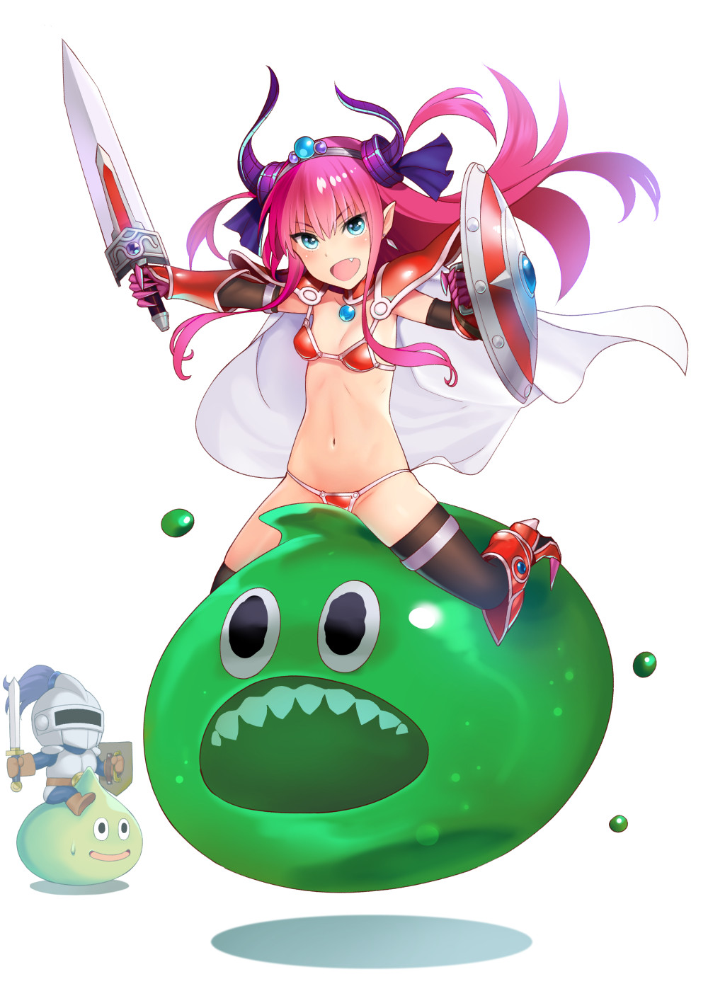 >:d, 1boy, 1girl, :d, :o, armor, bangs, bikini