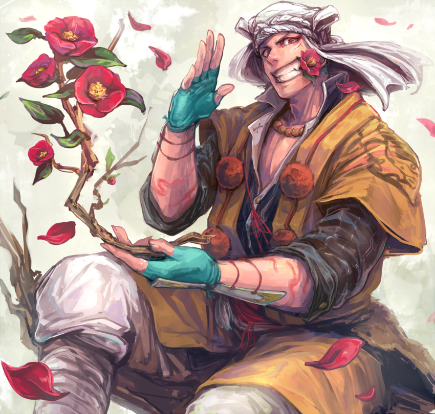1boy, armor, blue_gloves, branch, cafemoka-septro, fingerless_gloves, flower, gloves