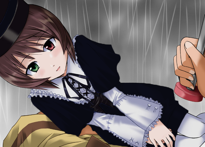 boku, boku_in_black, brown_hair, hat, heterochromia, rain, rozen_maiden, short_hair