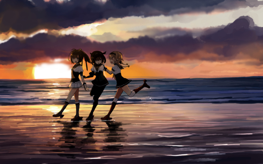 3girls, akizuki_(kantai_collection), annin_musou, backlighting, blonde_hair, bodysuit, braid, brown_eyes
