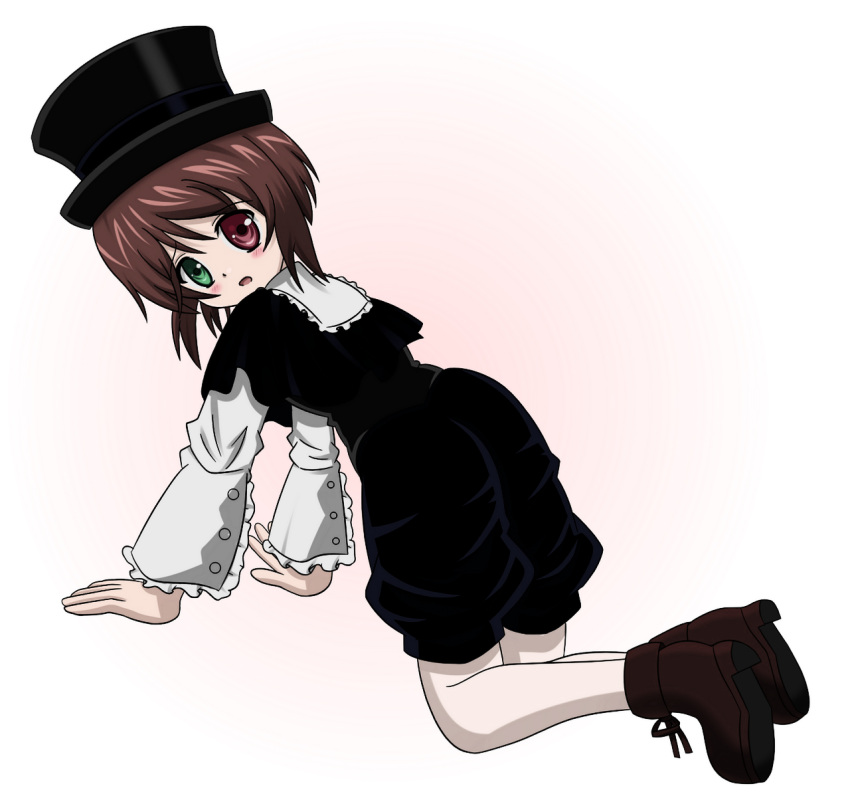 bent_over, blush, boku, boku_in_black, brown_hair, hat, heterochromia, rozen_maiden