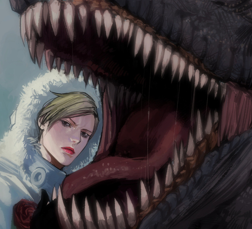 1boy, blonde_hair, coat, dinosaur, doctor_ferdinand, highres, hood, jojo_no_kimyou_na_bouken