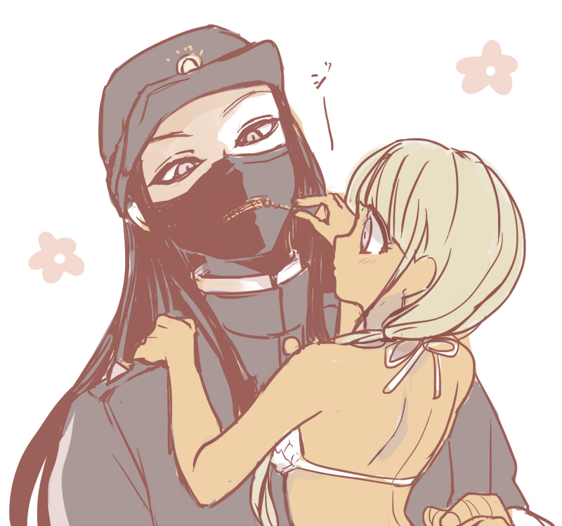 1boy, 1girl, bandage, bangs, bikini_top, black_hair, blunt_bangs, covered_mouth