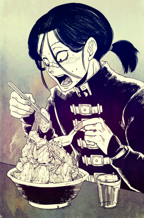 1boy, alternate_hairstyle, bandaid, bandaid_on_nose, bowl, chopsticks, cup, food